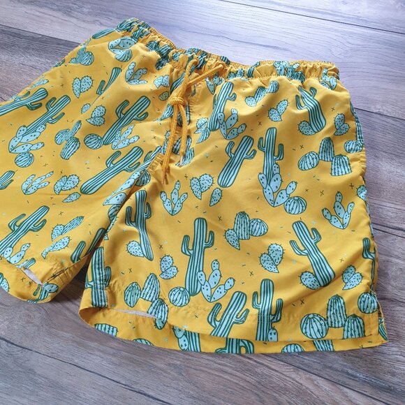 George Swim Trunks Yellow Cactus Print Shorts Elastic Drawstring L 36-38 Pool - Picture 2 of 6